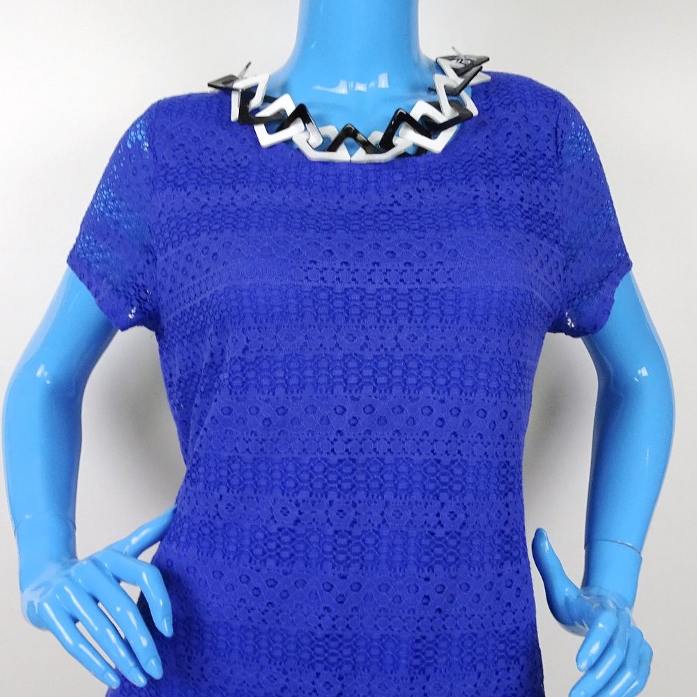 Leo & Nicole Cobalt Blue Lace Overlay Top Shirt Blouse M 8 10 Modest Short Sleev